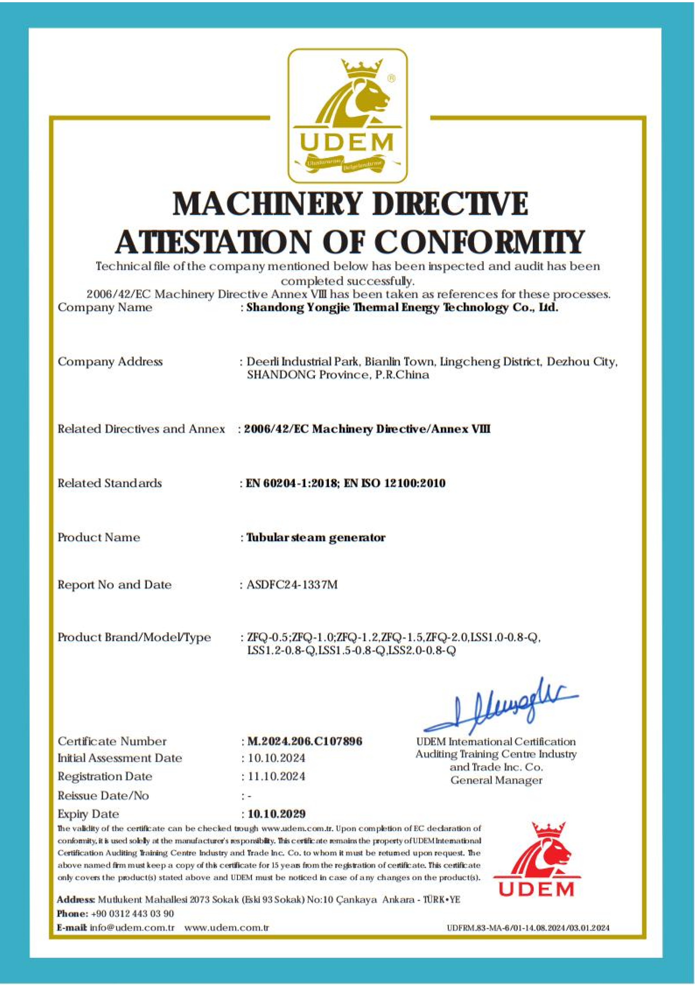 Stellergy Tubular Steam Generator CE Certification M.2024.206.C107896 - 2006/42/EC Machinery Directive Attestation - Valid until October 2029